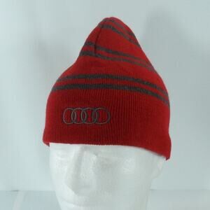 AUDI Logo Embroidered Gray Striped Red Beanie Winter Knit Cap Hat Discontinued